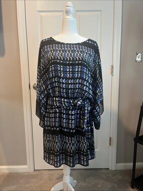 BCBGMaxAzria Black and Blue Printed Belted Dress